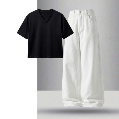 White Wide-Leg Baggy Jeans With Crop V-Neck T-Shirt