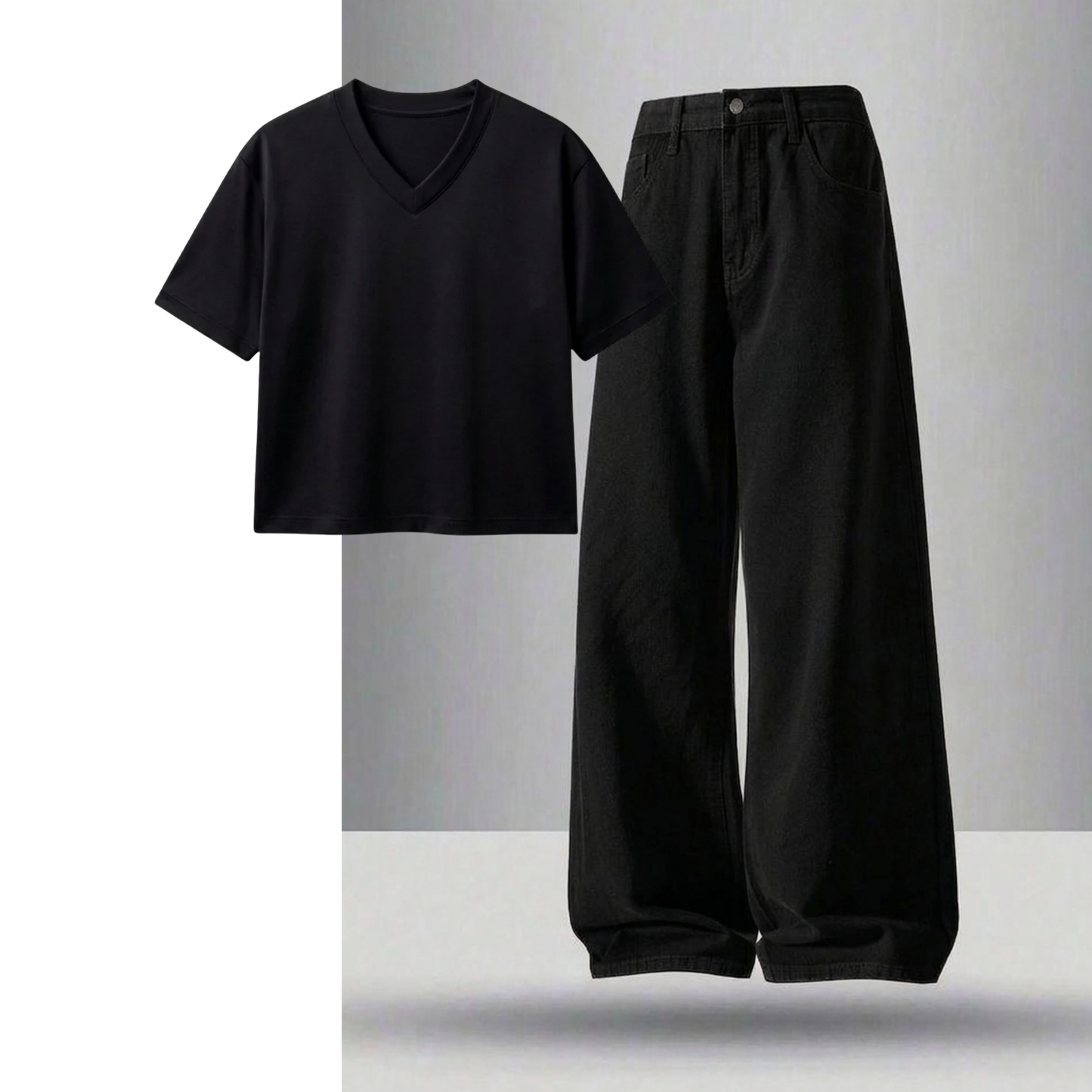 Black Wide-Leg Baggy Jeans With Crop V-Neck T-Shirt
