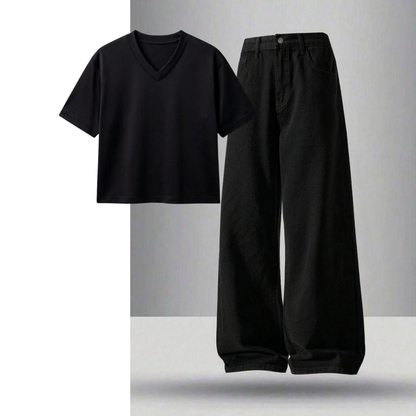 Black Wide-Leg Baggy Jeans With Crop V-Neck T-Shirt