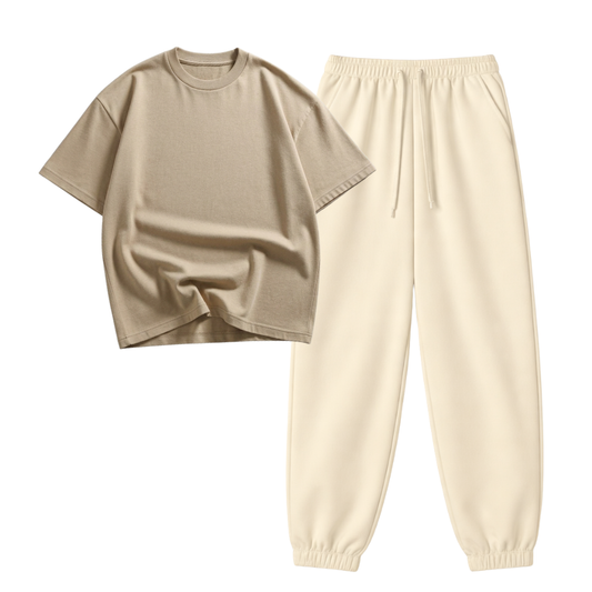 Cream Sweatpant With Oversized Drop Shoulder T-Shirt