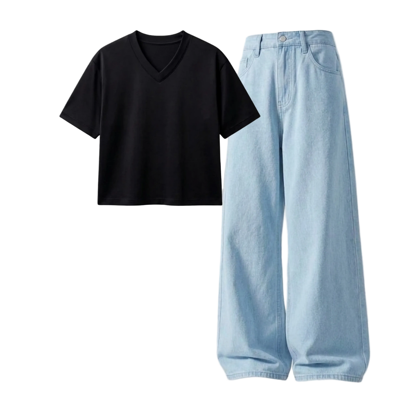 Iceblue Wide-Leg Baggy Jeans With Crop V-Neck T-Shirt