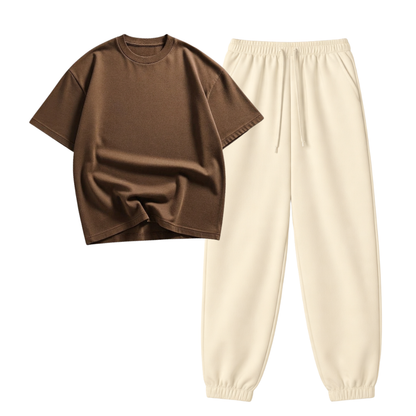 Cream Sweatpant With Oversized Drop Shoulder T-Shirt