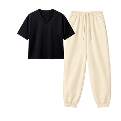 Cream Sweatpant With Crop V-Neck T-Shirt