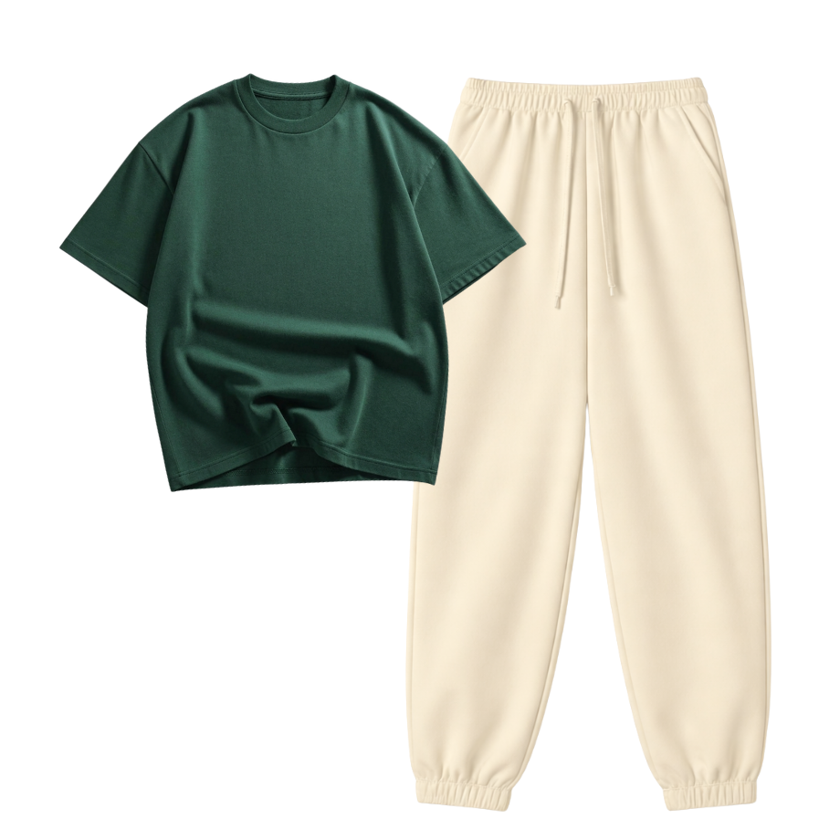 Cream Sweatpant With Oversized Drop Shoulder T-Shirt