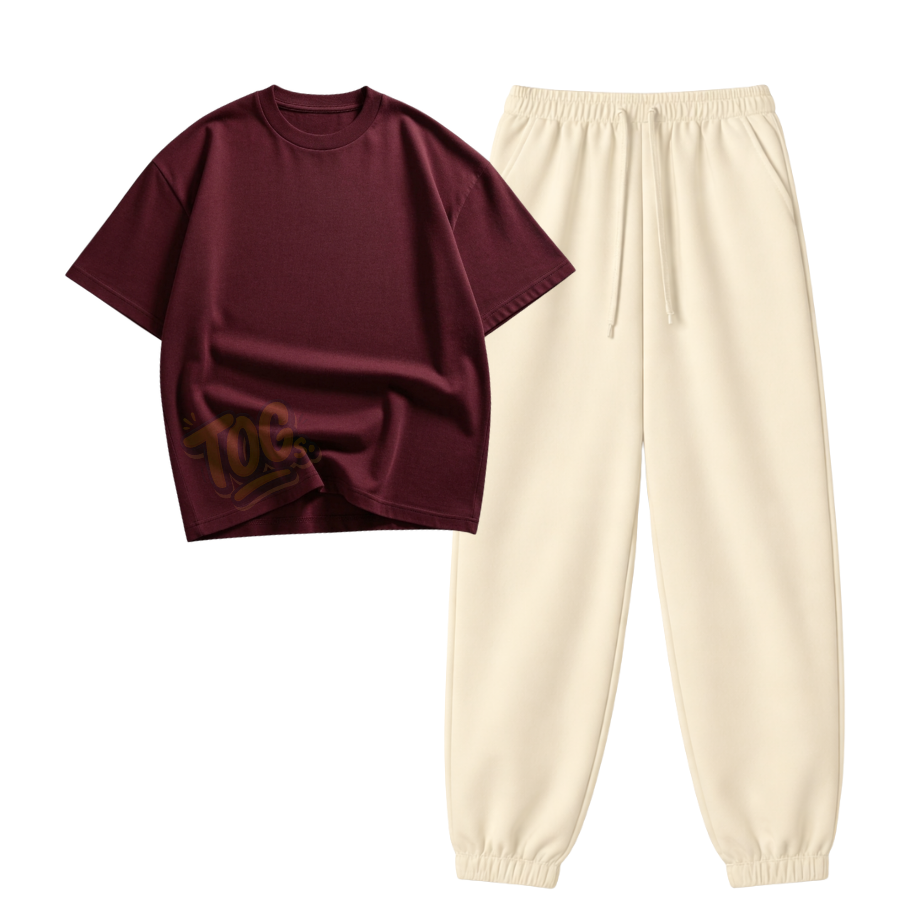 Cream Sweatpant With Oversized Drop Shoulder T-Shirt