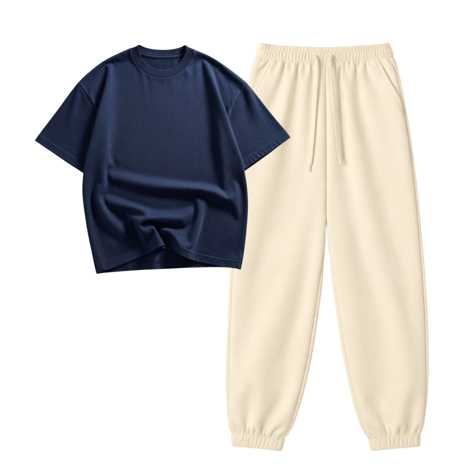 Cream Sweatpant With Oversized Drop Shoulder T-Shirt