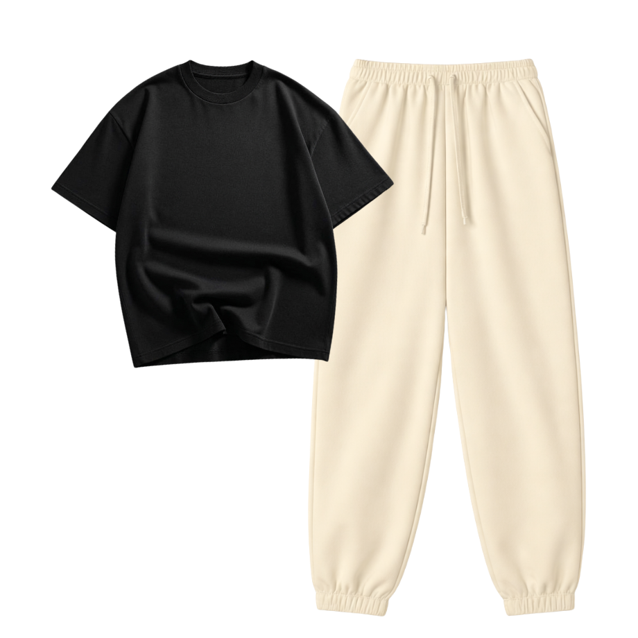 Cream Sweatpant With Oversized Drop Shoulder T-Shirt