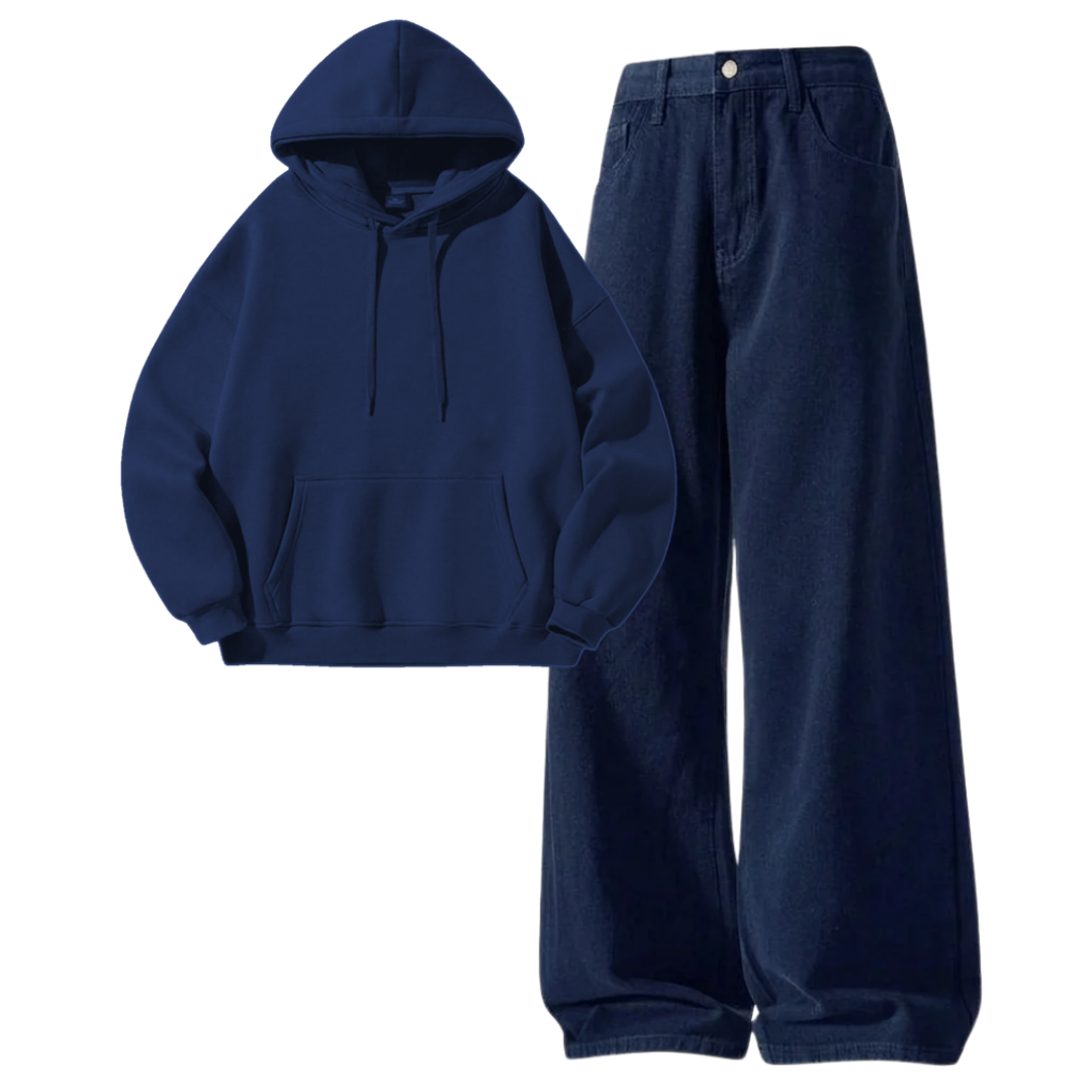 Navyblue Baggy Jeans With Hoodie