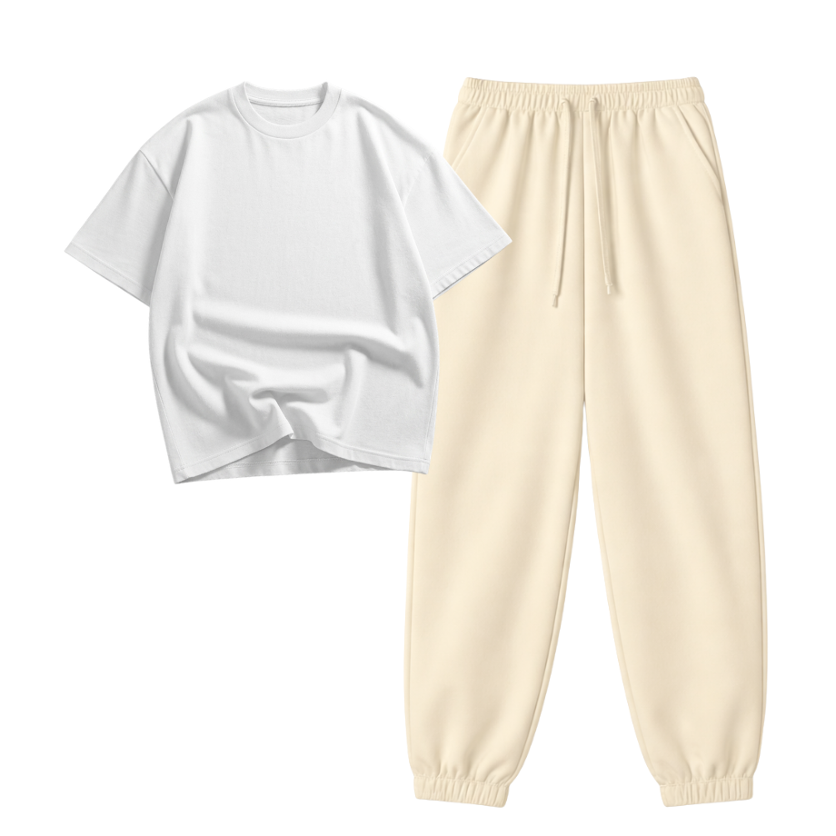 Cream Sweatpant With Oversized Drop Shoulder T-Shirt