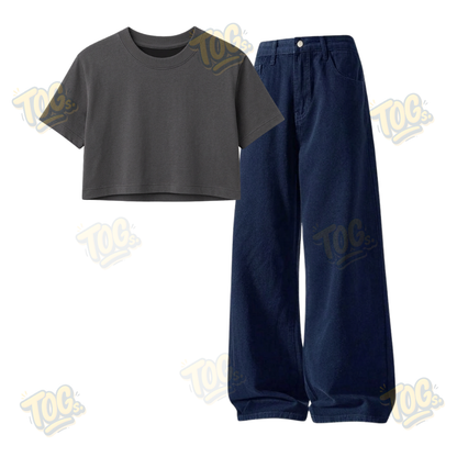 Darkblue Wide-Leg Baggy Jeans With Crop T-Shirt