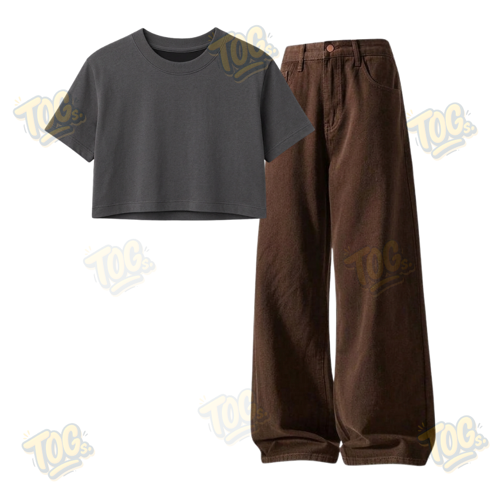 Brown Wide-Leg Baggy Jeans With Crop T-Shirt