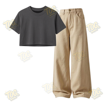 Beige Wide-Leg Baggy Jeans With Crop T-Shirt