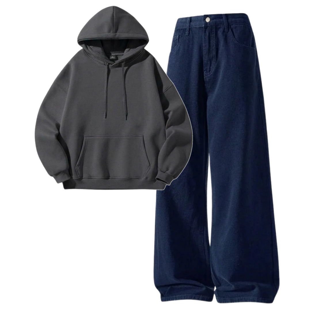 Navyblue Baggy Jeans With Hoodie
