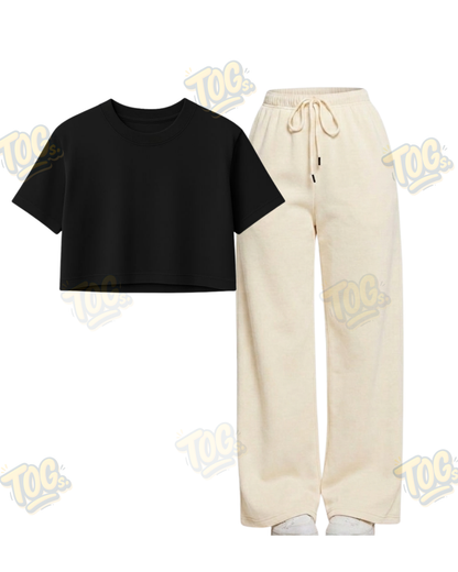 Beige Wide-Leg Trouser With Crop T-Shirts