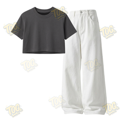 White Wide-Leg Baggy Jeans With Crop T-Shirt