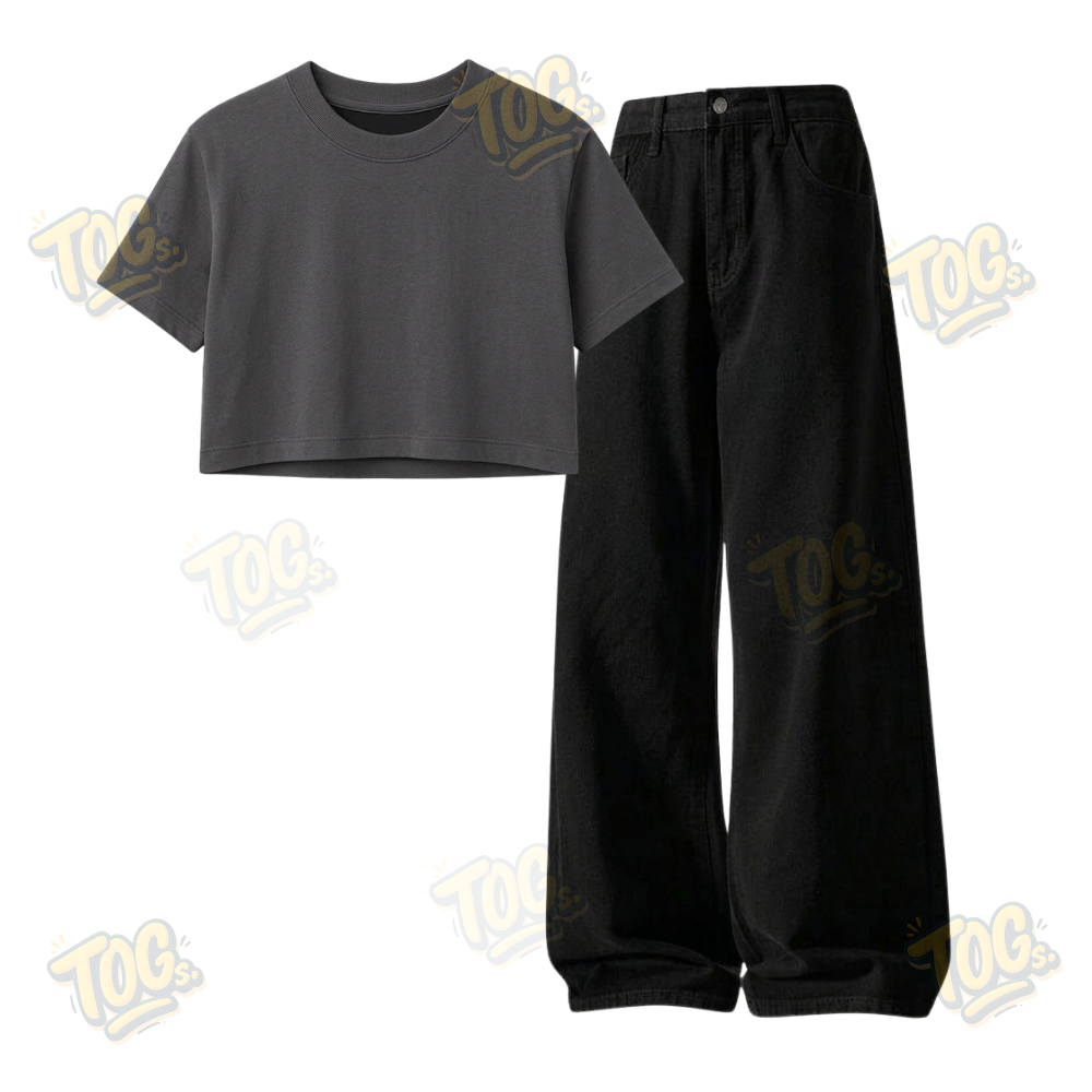 Black Wide-Leg Baggy Jeans With Crop T-Shirt