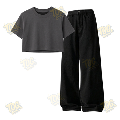 Black Wide-Leg Baggy Jeans With Crop T-Shirt