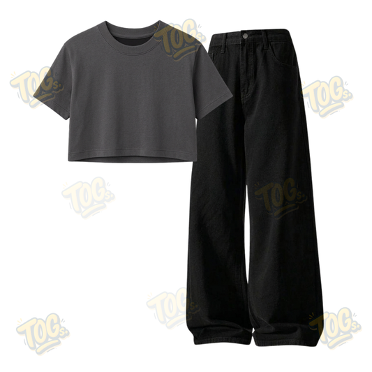 Black Wide-Leg Baggy Jeans With Crop T-Shirt