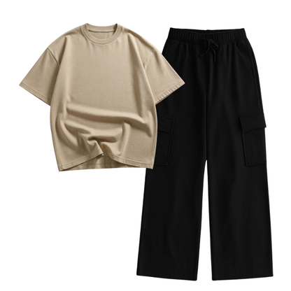 Black Wide-Leg Cargo With Oversized Drop Shoulder T-Shirt