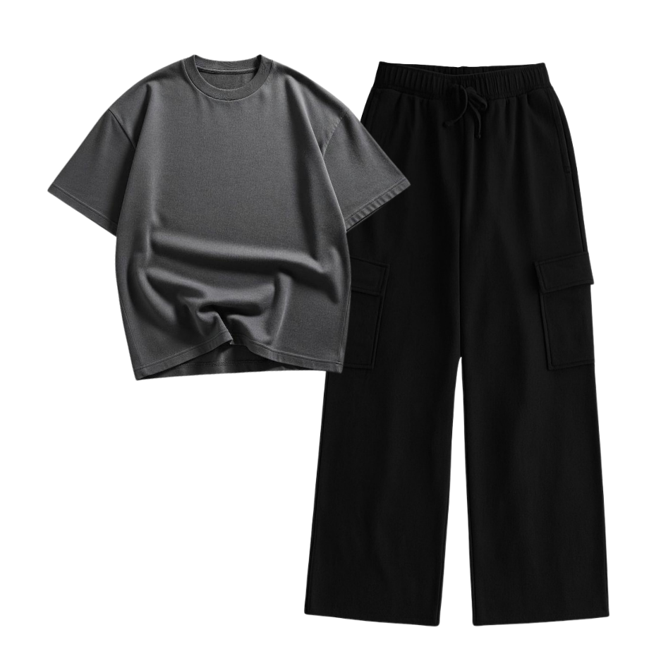Black Wide-Leg Cargo With Oversized Drop Shoulder T-Shirt
