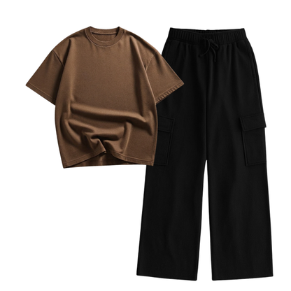 Black Wide-Leg Cargo With Oversized Drop Shoulder T-Shirt