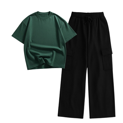 Black Wide-Leg Cargo With Oversized Drop Shoulder T-Shirt