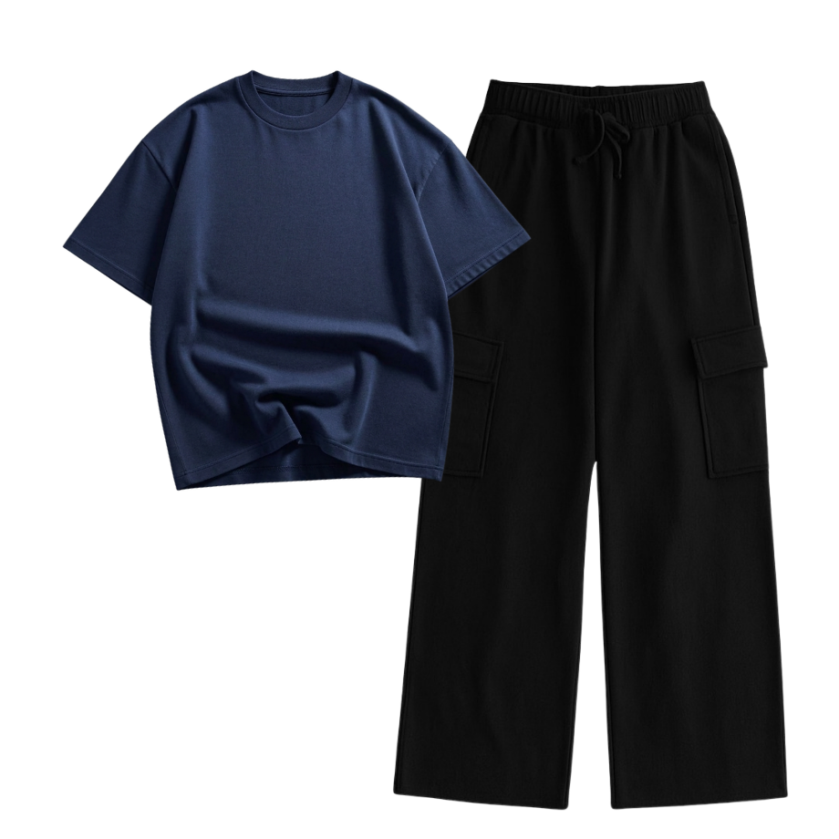 Black Wide-Leg Cargo With Oversized Drop Shoulder T-Shirt