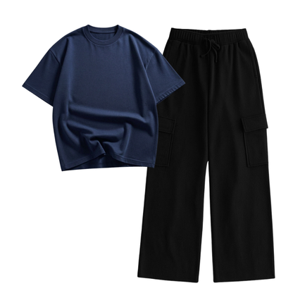 Black Wide-Leg Cargo With Oversized Drop Shoulder T-Shirt