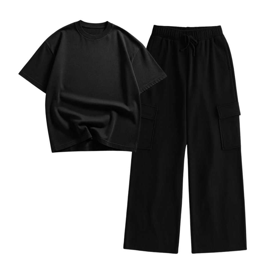Black Wide-Leg Cargo With Oversized Drop Shoulder T-Shirt