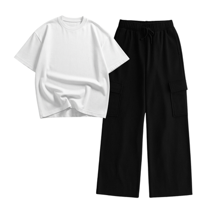 Black Wide-Leg Cargo With Oversized Drop Shoulder T-Shirt