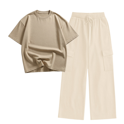 Cream Wide-Leg Cargo With Oversized Drop Shoulder T-Shirt