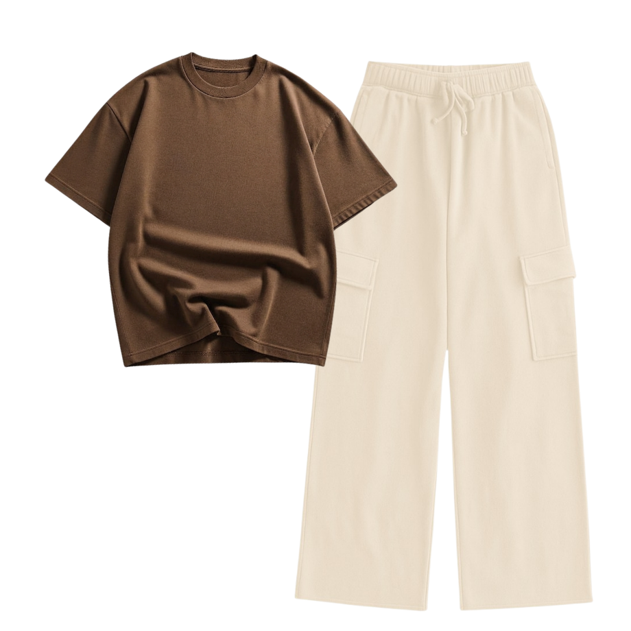 Cream Wide-Leg Cargo With Oversized Drop Shoulder T-Shirt