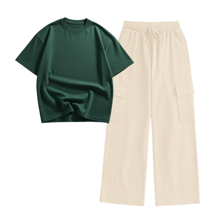 Cream Wide-Leg Cargo With Oversized Drop Shoulder T-Shirt