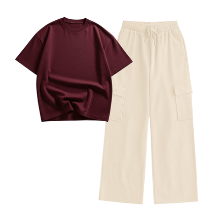 Cream Wide-Leg Cargo With Oversized Drop Shoulder T-Shirt
