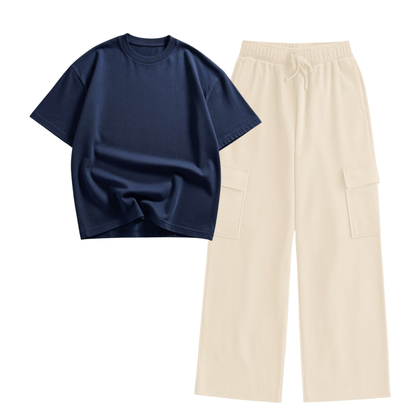 Cream Wide-Leg Cargo With Oversized Drop Shoulder T-Shirt