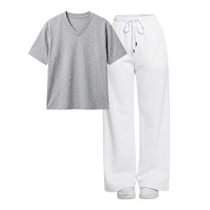 White Wide-Leg Trouser With V-Neck T-Shirt
