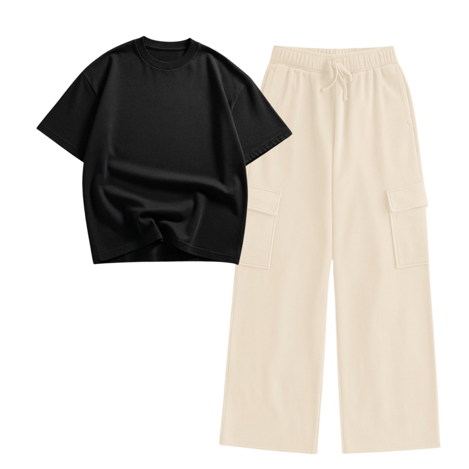 Cream Wide-Leg Cargo With Oversized Drop Shoulder T-Shirt