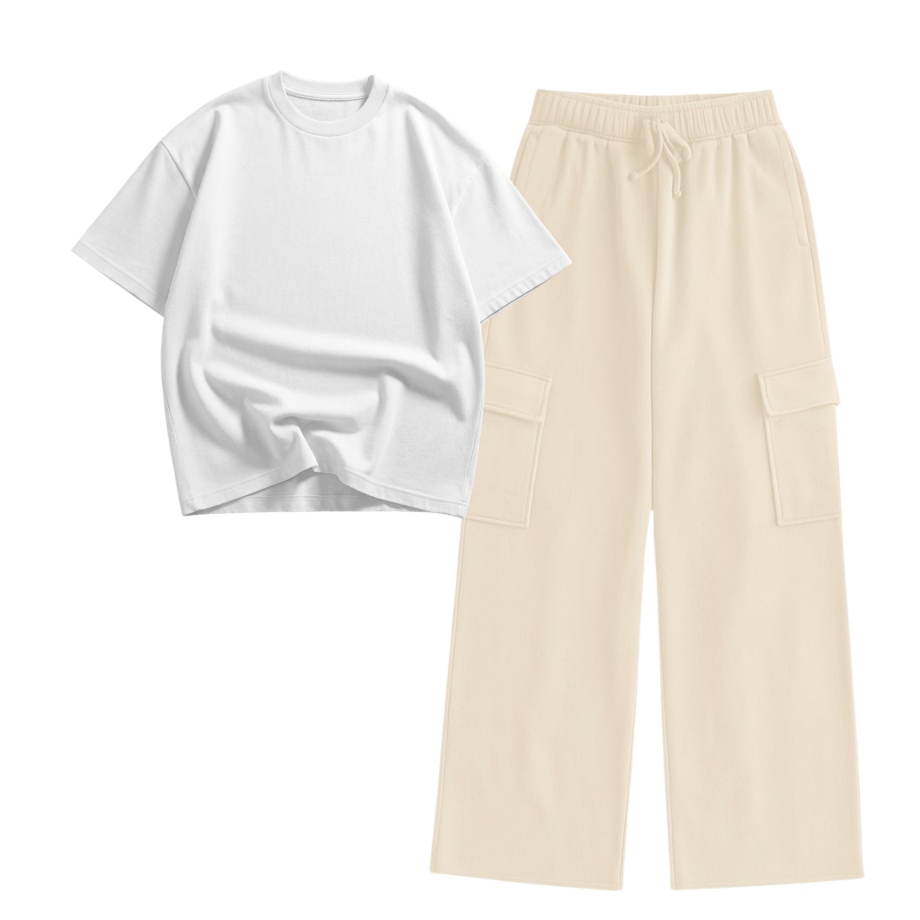 Cream Wide-Leg Cargo With Oversized Drop Shoulder T-Shirt