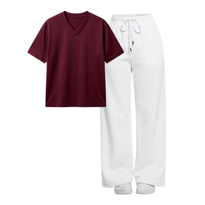 White Wide-Leg Trouser With V-Neck T-Shirt