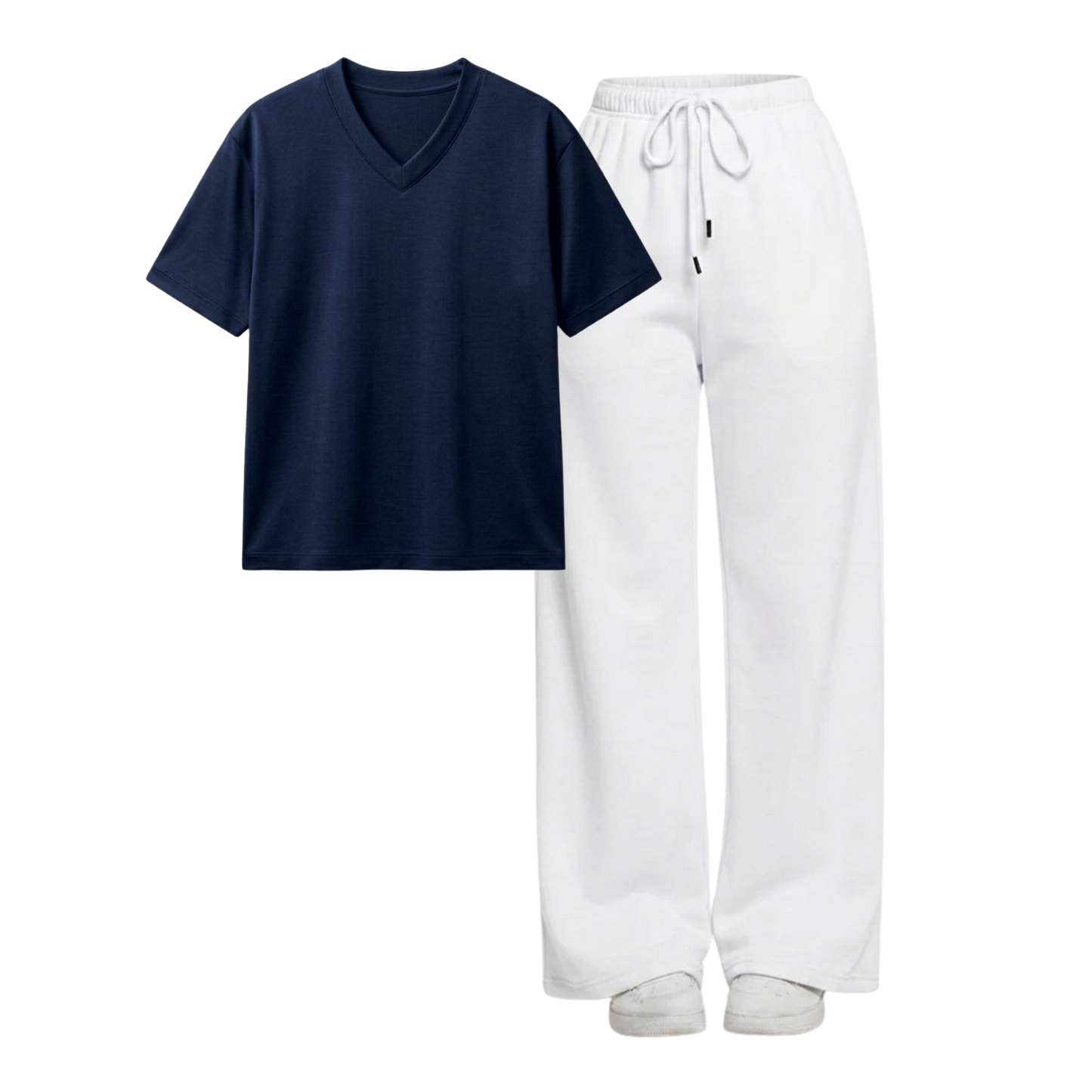 White Wide-Leg Trouser With V-Neck T-Shirt