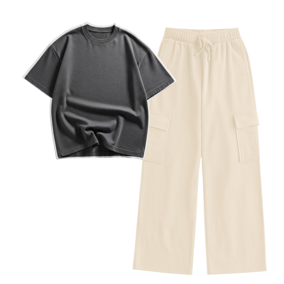 Cream Wide-Leg Cargo With Oversized Drop Shoulder T-Shirt