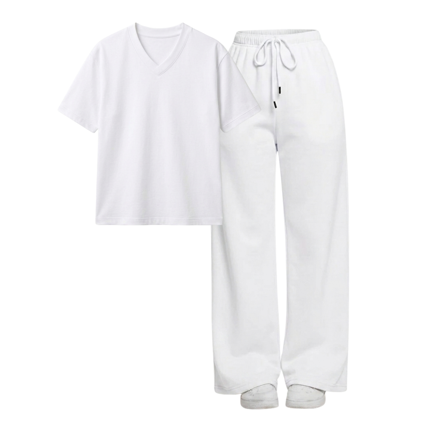 White Wide-Leg Trouser With V-Neck T-Shirt