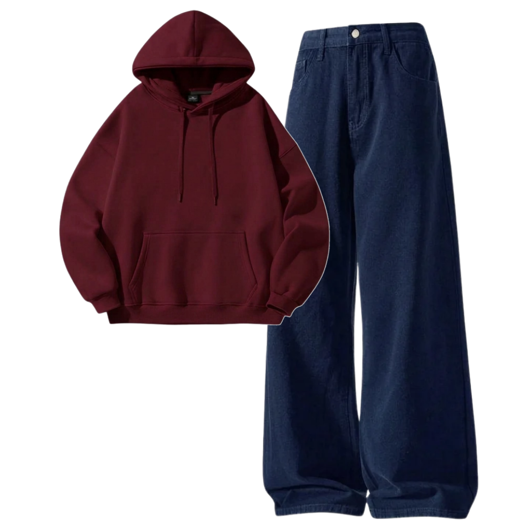 Navyblue Baggy Jeans With Hoodie