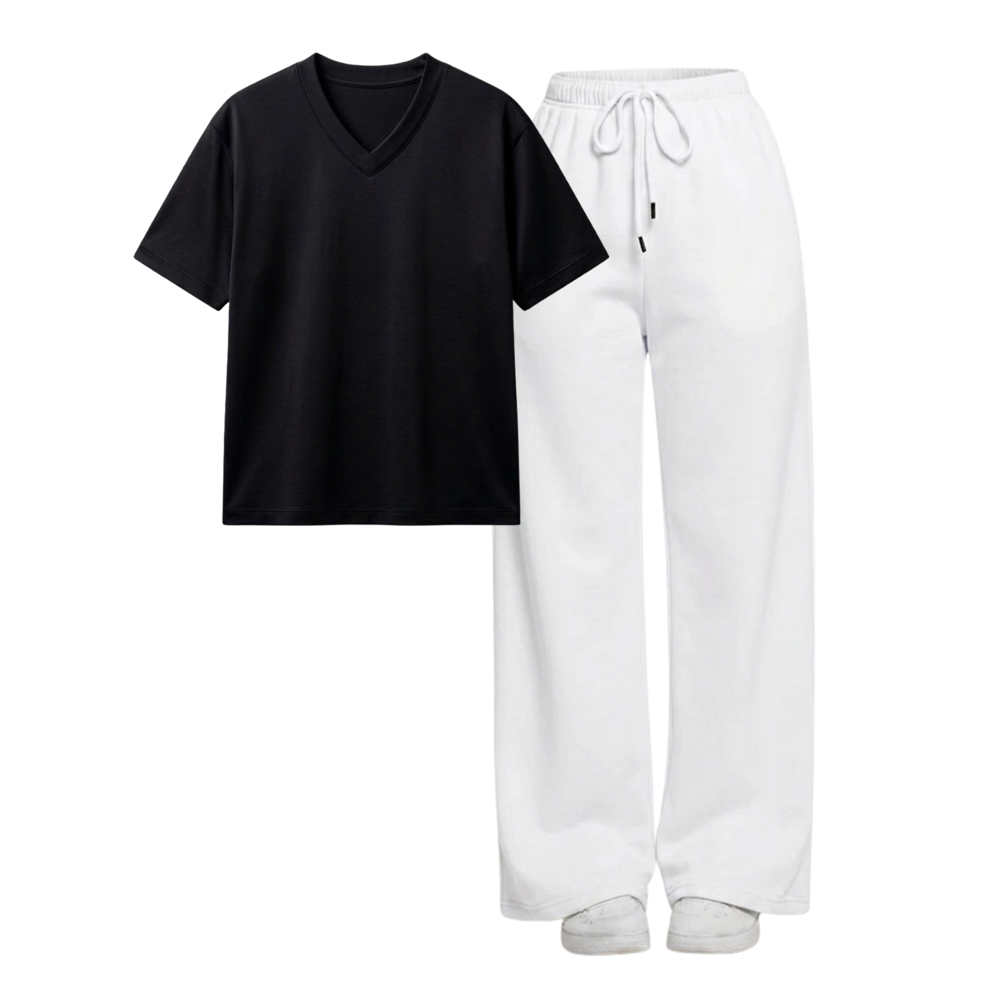 White Wide-Leg Trouser With V-Neck T-Shirt