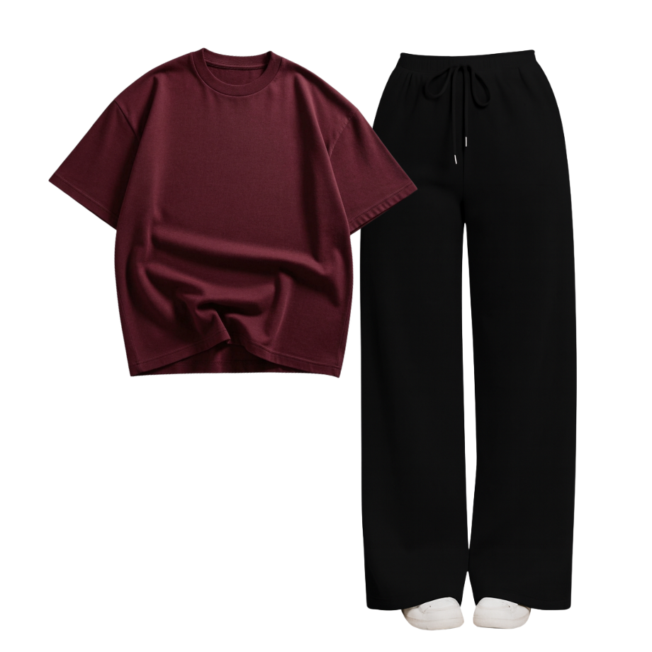 Black Wide-Leg Trouser With Oversized Drop Shoulder T-Shirt