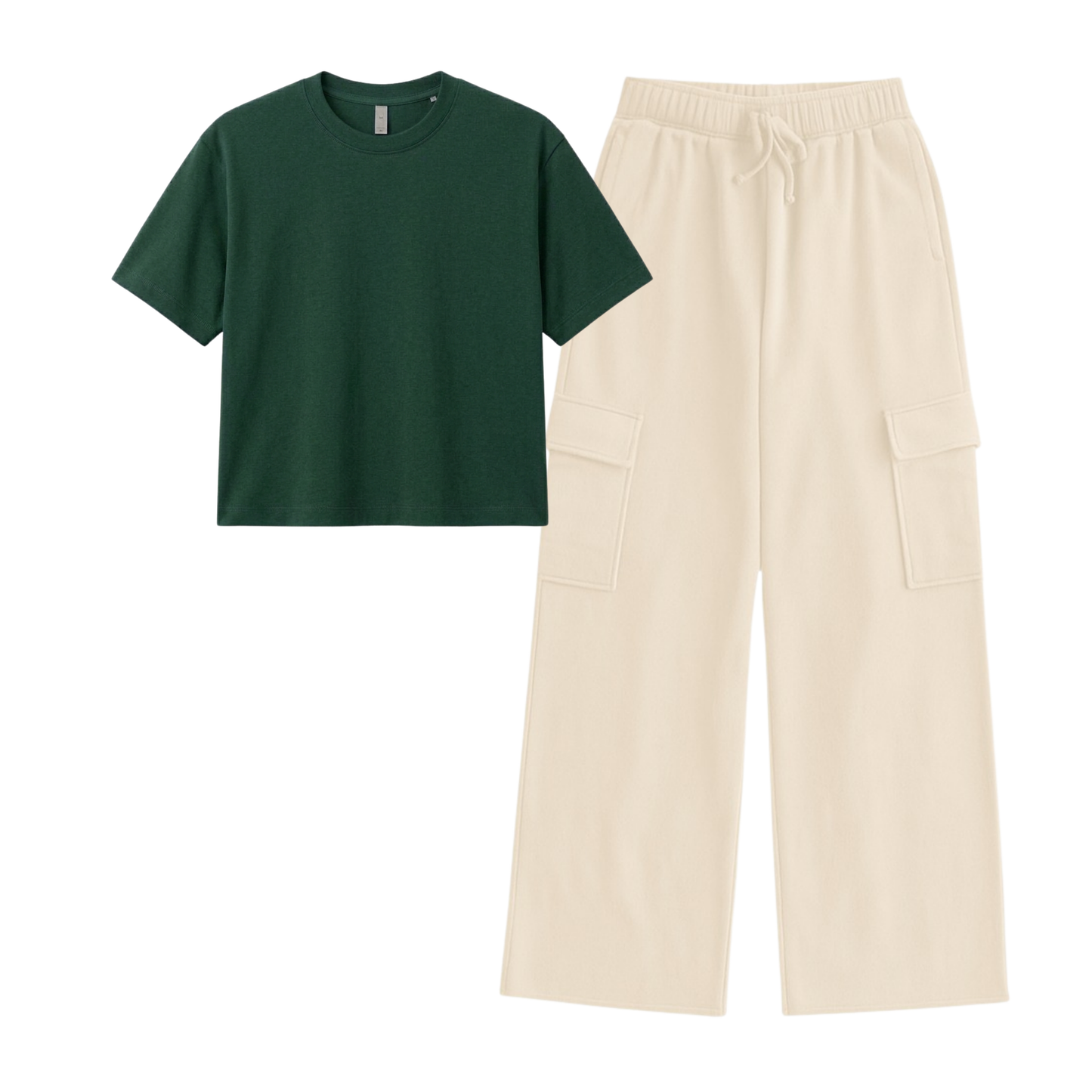 Cream Wide-Leg Cargo With Crop T-Shirt