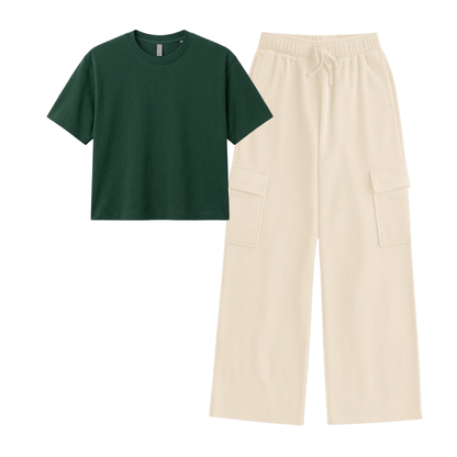 Cream Wide-Leg Cargo With Crop T-Shirt