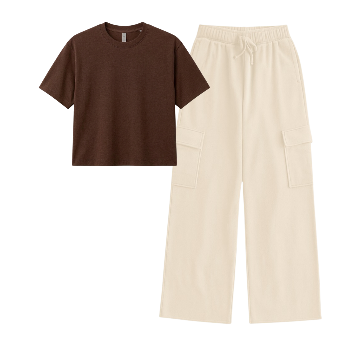Cream Wide-Leg Cargo With Crop T-Shirt