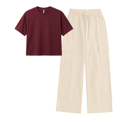 Cream Wide-Leg Cargo With Crop T-Shirt