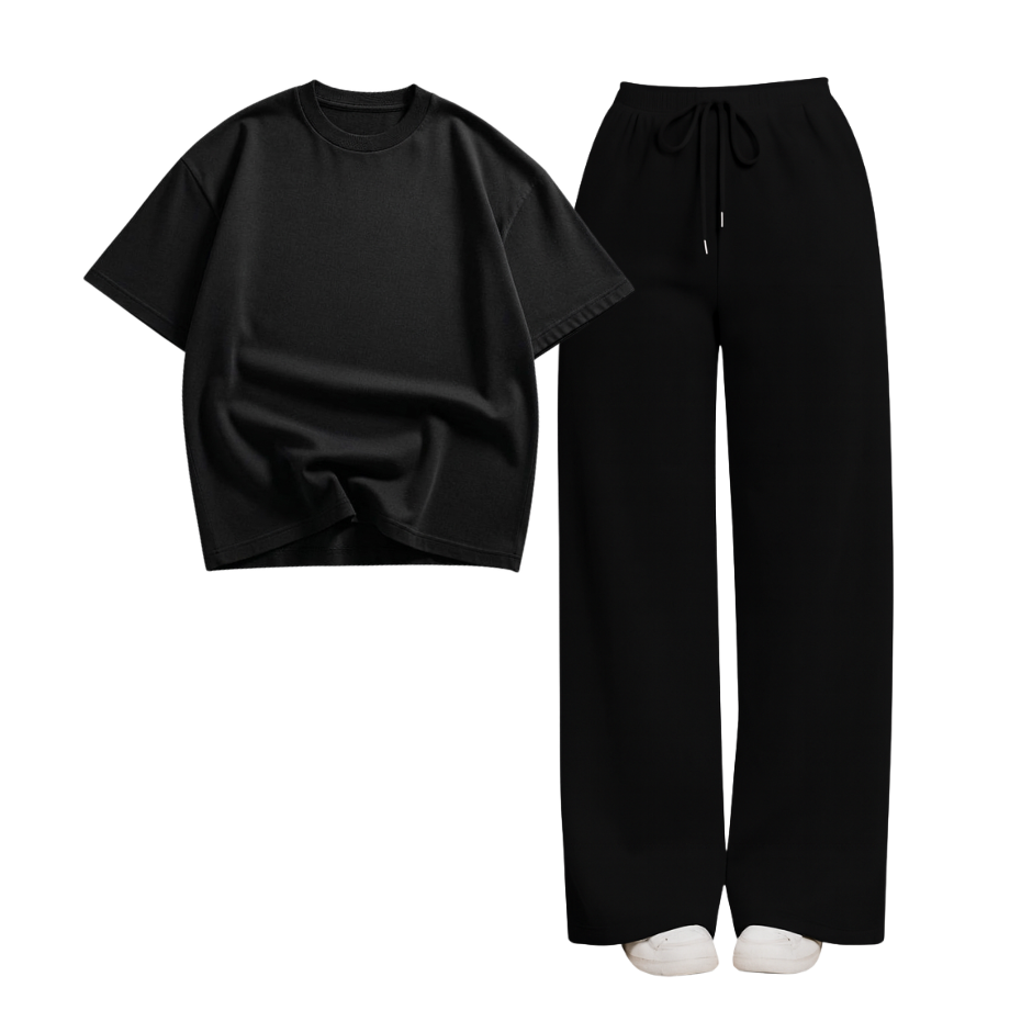 Black Wide-Leg Trouser With Oversized Drop Shoulder T-Shirt